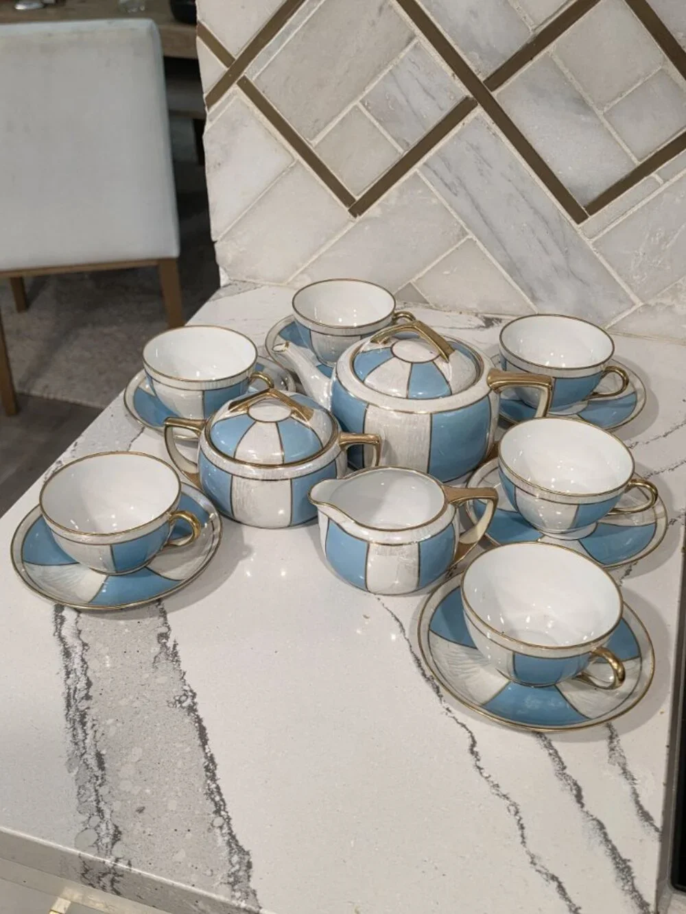 Noritake Tea Set 15-Piece Blue White Pearlescent w/ gold Porcelain Made In Japan